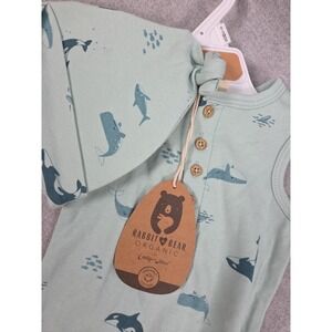 Rabbit + Bear Organic 0-3 Month Romper Beanie Hat Set Shark Whale Print NEW